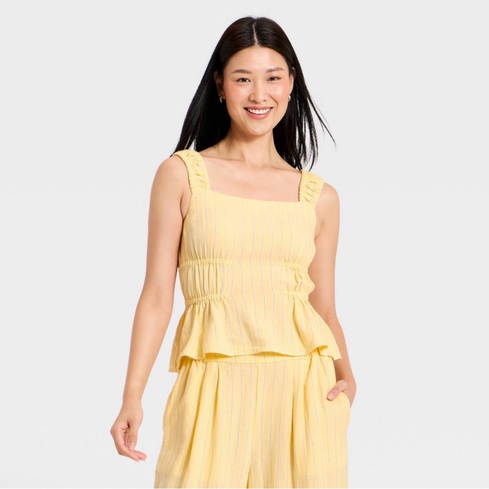Women’s Ruched Printed Linen Top - Yellow Striped-Large